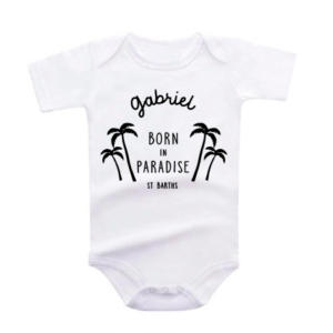 Body blanc personnalisé born in paradise palmiers