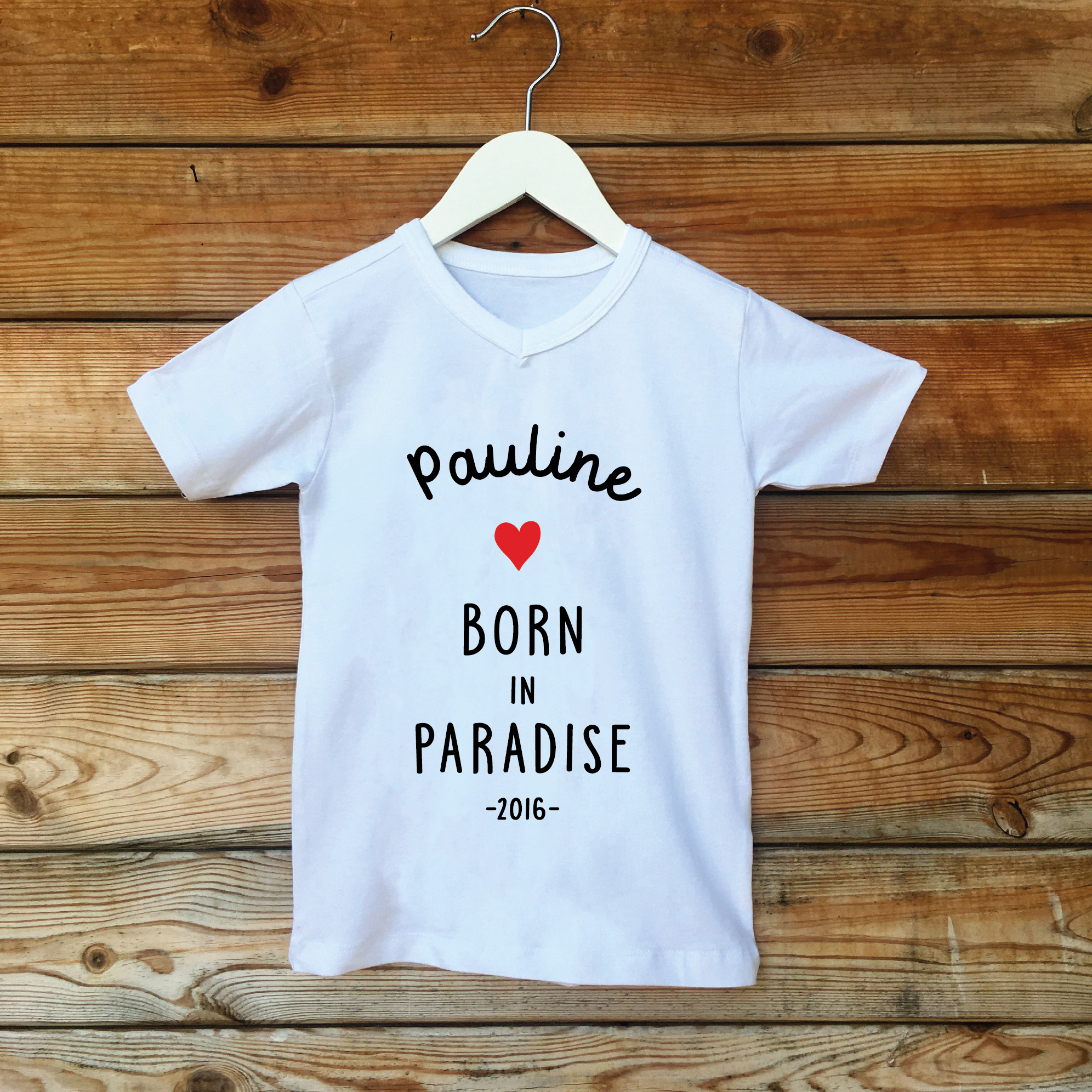t-shirt 2020 blanc enfant born in paradise perso coeur noir