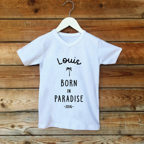 t-shirt 2020 blanc enfant born in paradise perso palmier noir