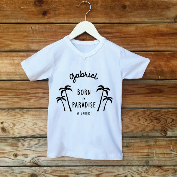 t-shirt 2020 blanc enfant born in paradise perso palmiers