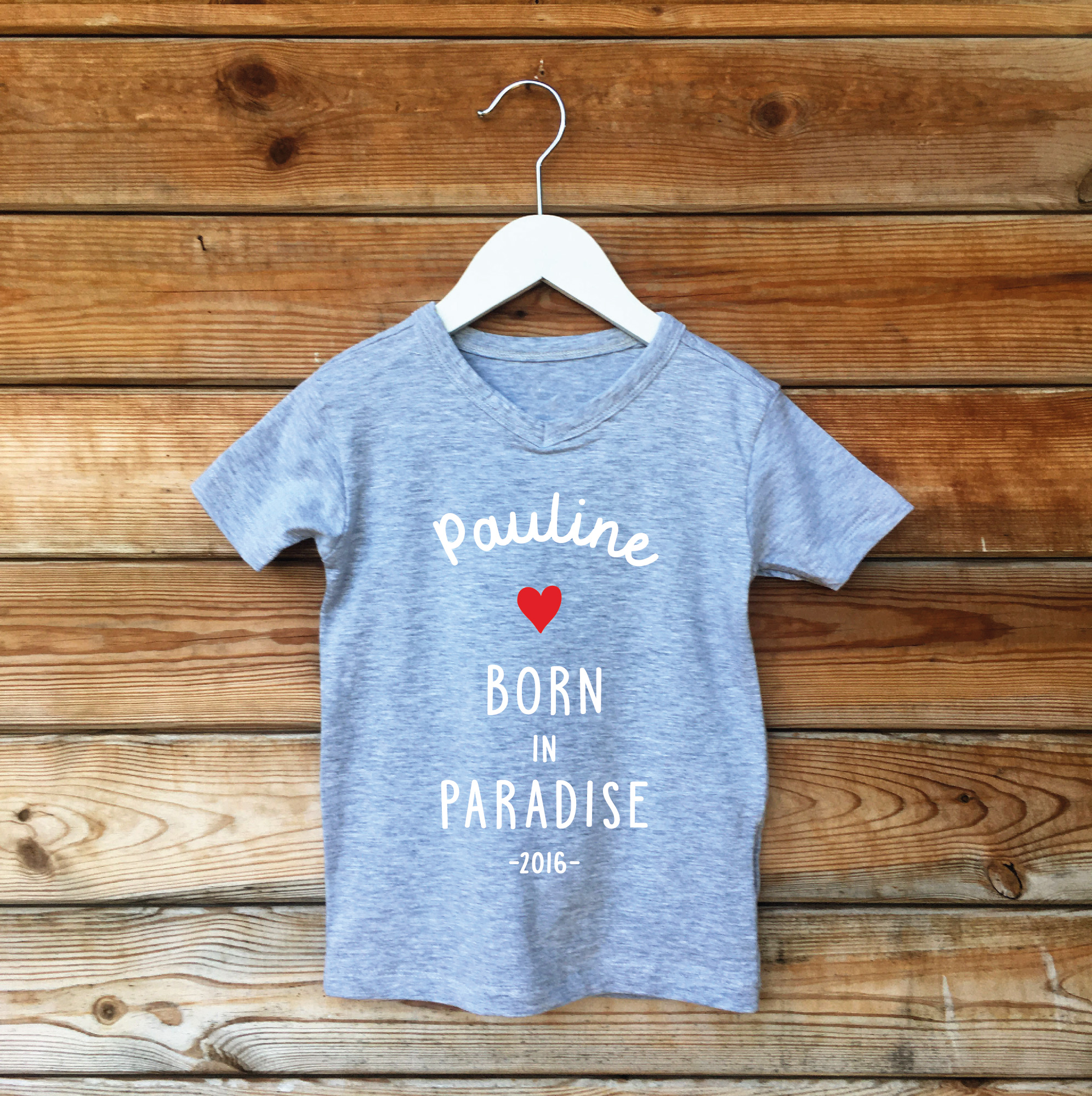 t-shirt 2020 gris enfant born in paradise perso coeur blanc