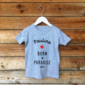 t-shirt 2020 blanc enfant born in paradise perso coeur noir
